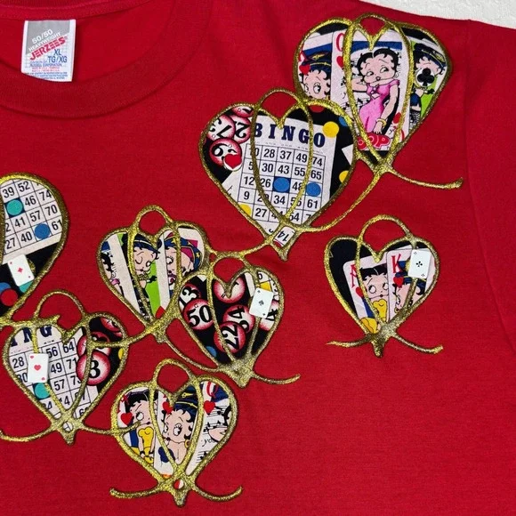 Betty Boop Bingo Playing Cards‎ Patch T Shirt Hearts Gold Puffy Paint XL USA Vtg